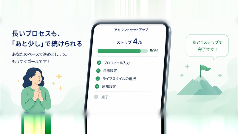 オンボーディングのプログレスバー：5ステップ中4ステップ完了